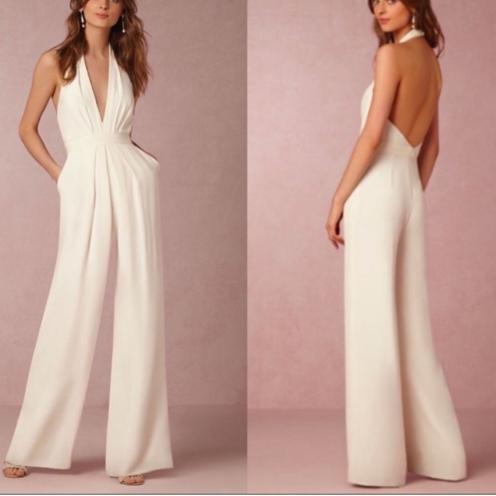 New Jill Stuart x BHLDN Mara 2 / XS Ivory Crepe Halter Wedding Bridal Jumpsuit